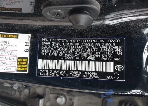 2020 Toyota Prius Xle z USA, uszkodzony, nr VIN JTDKARFU4L3114980